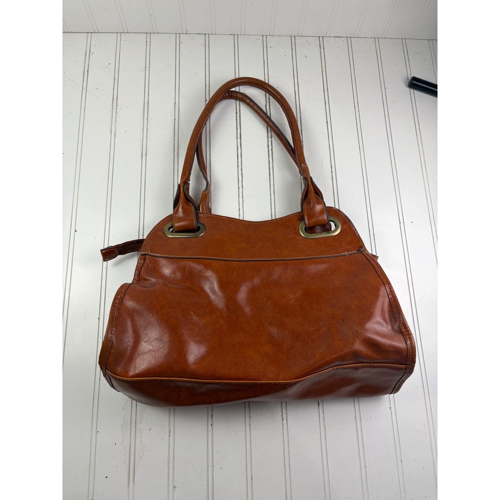 Vintage Y2K Cognac Brown Leather Multi-Pocket Shoulder Bag Satchel Purse - Picture 9 of 12